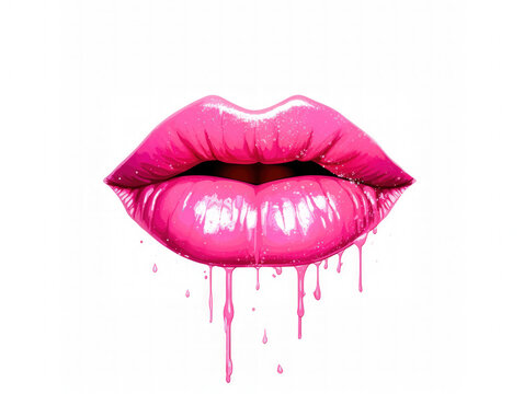Cartoon lips dripping pink isolated white background