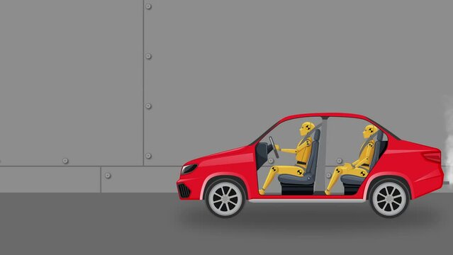 Car safety test with robot driving and crashing, showcasing airbag functionality in a factory setting.