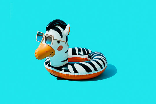 swim ring in the shape of a zebra using sunglasses