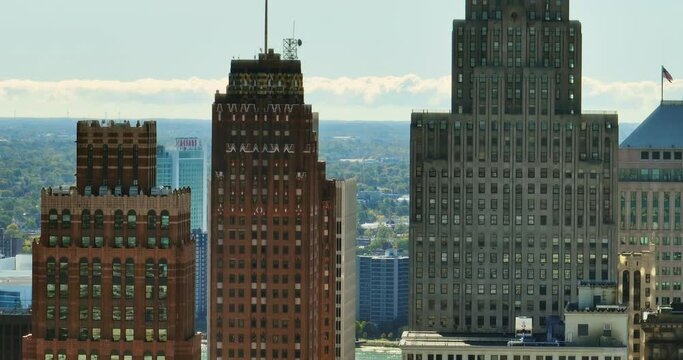 Epic Telephoto Aerial Rising Downtown Buildings