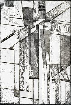 A monochrome intaglio print of a geometric abstract image