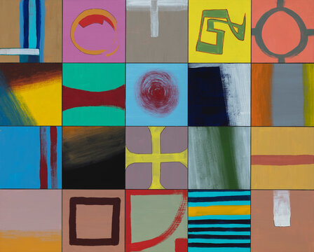 An abstract painting with an array of elements.