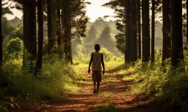 Photo of a person walking down a serene dirt road surrounded by tall trees in a peaceful forest