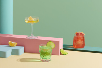 Three colorful summer cocktails in glasses 