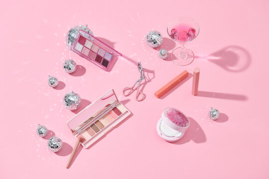 Flat lay with natural beauty products and decorative cosmetics