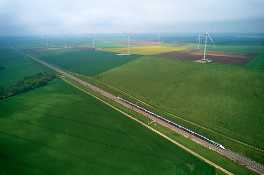 Energy transition - wind turbines power TGV  high-speed rail in France