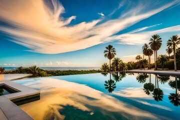  A tranquil oasis nestled in a desert expanse, crystal-clear water reflecting the vibrant blue sky, palm trees casting gentle shadows on the water's surface, colorful flowers dotting the landscape