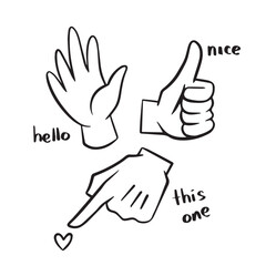 Three hand signs with hello, good job, and pointing something gesture black and white vector illustration isolated on square white background. Simple flat cartoon art styled drawing.