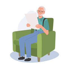 Elderly man Enjoying Tranquil Reading of Newspaper on Cozy Couch. Flat vector cartoon illustration