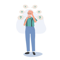 Alzheimer's in elderly concept. Senior man with Aging and Memory Loss. Flat vector cartoon illustration