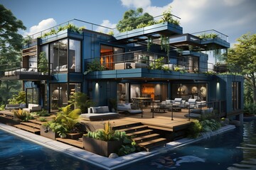 innovative container house design that maximizes sustainability. Incorporate solar panels - Powered by Adobe