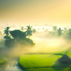 tropical winter morning village with palm trees by ai