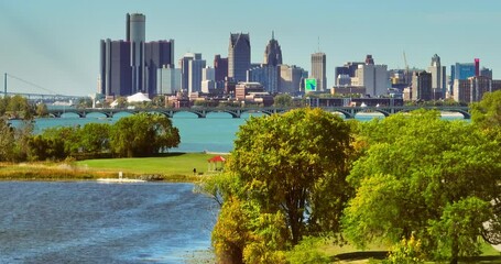 Epic Rising Telephoto Aerial Of Detroit Michigan