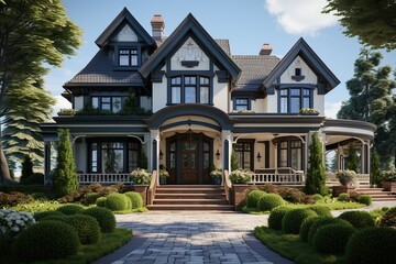 Design a classic American Colonial house, showcasing a symmetrical fa&ccedil;ade, steep pitched roof Generated with AI