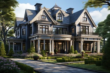 Fototapeta na wymiar Design a classic American Colonial house, showcasing a symmetrical façade, steep pitched roof Generated with AI