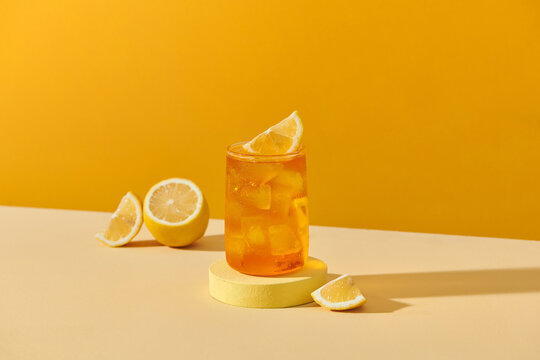 Cold lemon tea on tall glass, Es Lemon Tea with Copy Space for Text