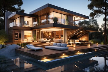 Fototapeta premium Design a minimalist modern home with a focus on clean lines, neutral colors, and large windows to create a sense of openness and connection to the surrounding environment.Generated with AI
