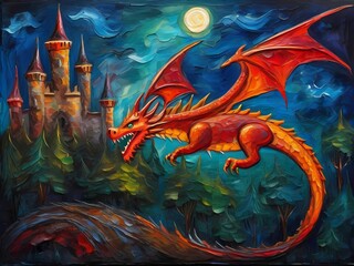 a dragon flying over a medieval castle in the style of surrealism