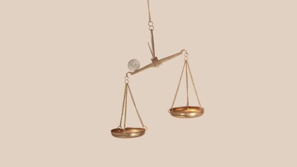 Golden scales with rolling and balancing cent coin.