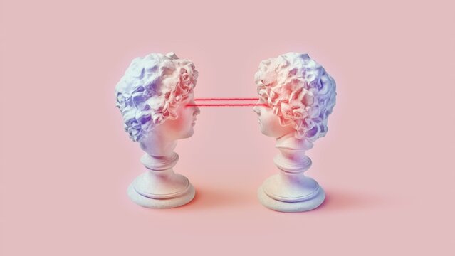 Antique busts with red lasers emanating from eyes.