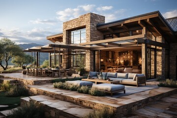Fototapeta na wymiar modern American ranch-style home, emphasizing single-story living, an open layout, and large windows that seamlessly connect the indoors with outdoor spaces.Generated with AI