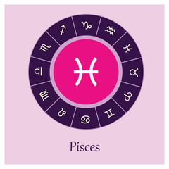 Pisces sign . Vector illustration. Pisces zodiac sign symbole on purple background horoscope astrology. Zodiac sign. Astrological calendar. Zodiacal color vector horoscope. Line
