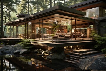 Fototapeta premium modern Japanese villa nestled in a lush forest, featuring large windows that bring 
