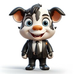 Full body 3d character of a cute cow wearing a black suit on a white background