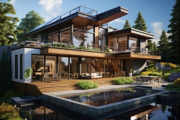 Fototapeta na wymiar sustainable modern Chinese home, incorporating Feng Shui principles, utilizing natural materials, and emphasizing energy efficiency, while maintaining a contemporary look and feel. Generated with AI