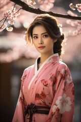 Fototapeta premium Young japanese woman in a sakura garden 