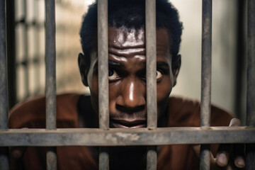 African American man stands behind prison cell bars and looks at camera. Prisoner serves imprisonment term in jail. Criminal in correctional facility or detention center. portrait.