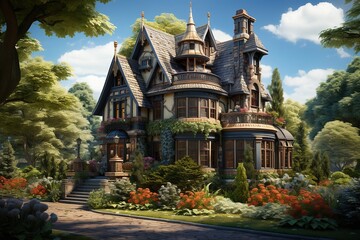 Sketch a charming American Victorian house, featuring intricate gingerbread detailing,