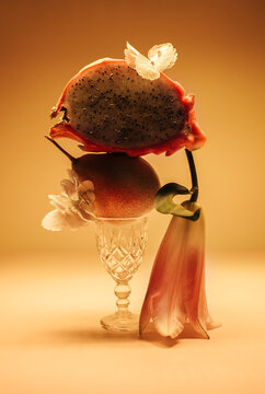 Still life with pear lily and pitahaya.