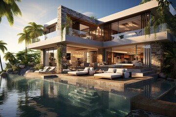 Fototapeta premium modern beachfront villa that maximizes ocean views, incorporating expansive glass walls, a private infinity pool, and a seamless transition between indoor and outdoor living areas.Generated with AI