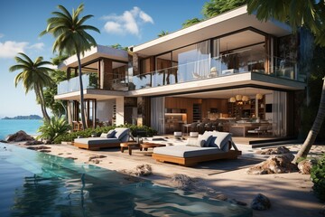 Fototapeta premium modern beachfront villa that maximizes ocean views, incorporating expansive glass walls, a private infinity pool, and a seamless transition between indoor and outdoor living areas.Generated with AI