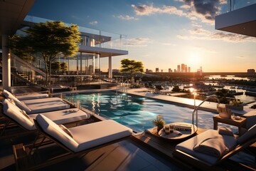 Fototapeta premium modern urban resort and spa, seamlessly integrated into a bustling city. Showcase rooftop relaxation areas, spa