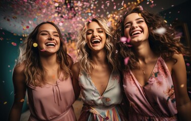 Generation Z women laughing and having fun in a vibrant studio setting celebrating their friendship and good times Multicultural friends enjoy the weekend together - obrazy, fototapety, plakaty