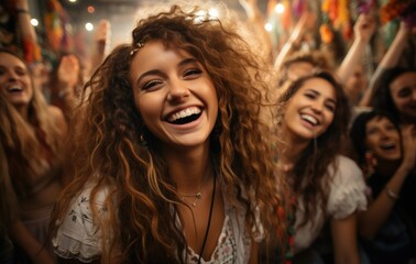 Obraz na płótnie Canvas Generation Z women laughing and having fun in a vibrant studio setting celebrating their friendship and good times Multicultural friends enjoy the weekend together