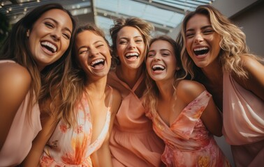 Obraz premium Generation Z women laughing and having fun in a vibrant studio setting celebrating their friendship and good times Multicultural friends enjoy the weekend together