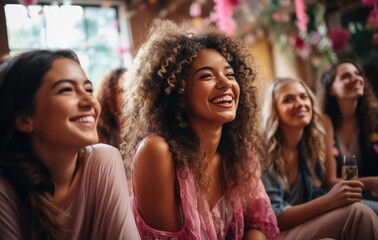 Obraz premium Generation Z women laughing and having fun in a vibrant studio setting celebrating their friendship and good times Multicultural friends enjoy the weekend together