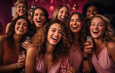 Fototapeta premium Generation Z women laughing and having fun in a vibrant studio setting celebrating their friendship and good times Multicultural friends enjoy the weekend together