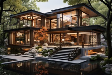 sustainable modern Chinese home, incorporating Feng Shui principles, utilizing natural materials, and emphasizing energy efficiency, while maintaining a contemporary look and feel.Generated with AI