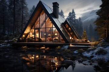 Nordic mountain retreat, nestled amid fir trees. Showcase timber beams, a cozy loft, and a sauna. Emphasize the connection with nature, offering a perfect escape for relaxation.Generated with AI