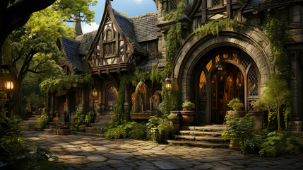 Obraz premium Tudor style, House Fantasy background, Creating antique design of Outdoor Spaces architecture decorate vintage concept