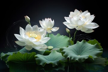 White lotus flower isolated on black background with water drops and green leaves artwork