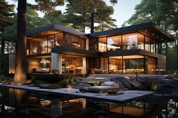 Fototapeta premium stylish American Mid-Century Modern home, highlighting clean lines, large glass windows, and open spaces that celebrate the integration of architecture with nature. Generated with AI