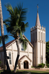 Daytime view of the Maria Lanakila Catholic Church in the town of Lahaina, Maui, Hawaii