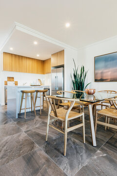 Open plan kitchen and living space inside modern home