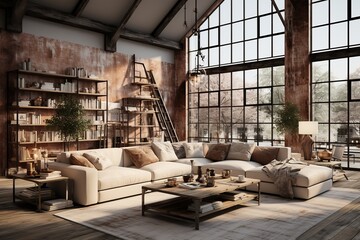 Nordic urban loft, blending industrial aesthetics with Scandinavian warmth, sleek furniture, and soft textiles, capturing the fusion of modernity and coziness. Generated with AI