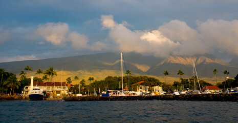 Panoramic view of the West Maui Mountains and the Lahaina Harbor at sunset, Hawaii